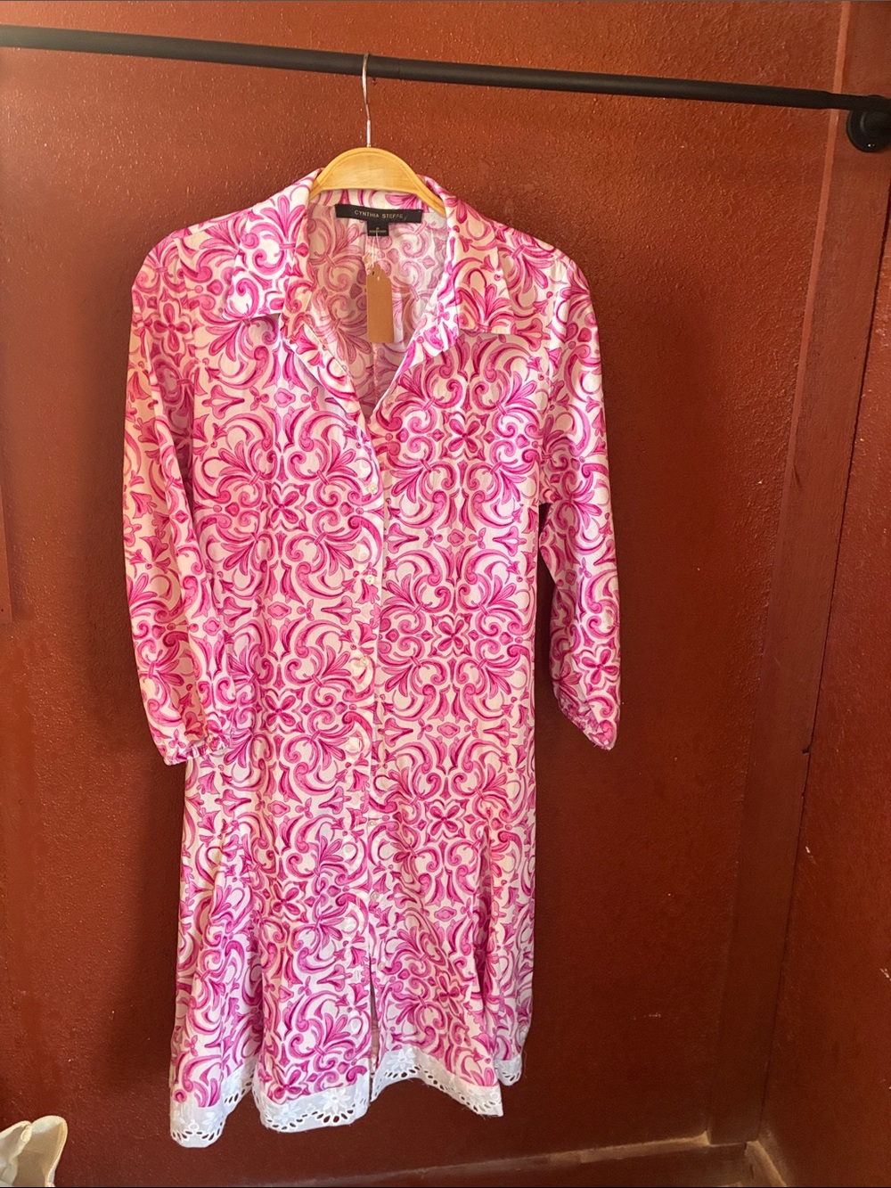 Pink and White Printed Shirt Dress with Tie Back Waist